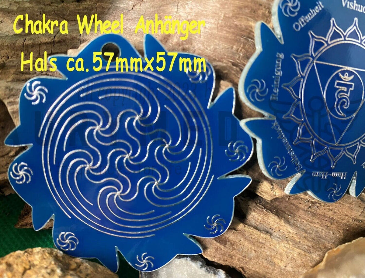 Chakren Anhänger Wheel Hals, blau, ca. 57 x 57 xx, zinnlegiert, kupferunterlegt – Produktansicht 1