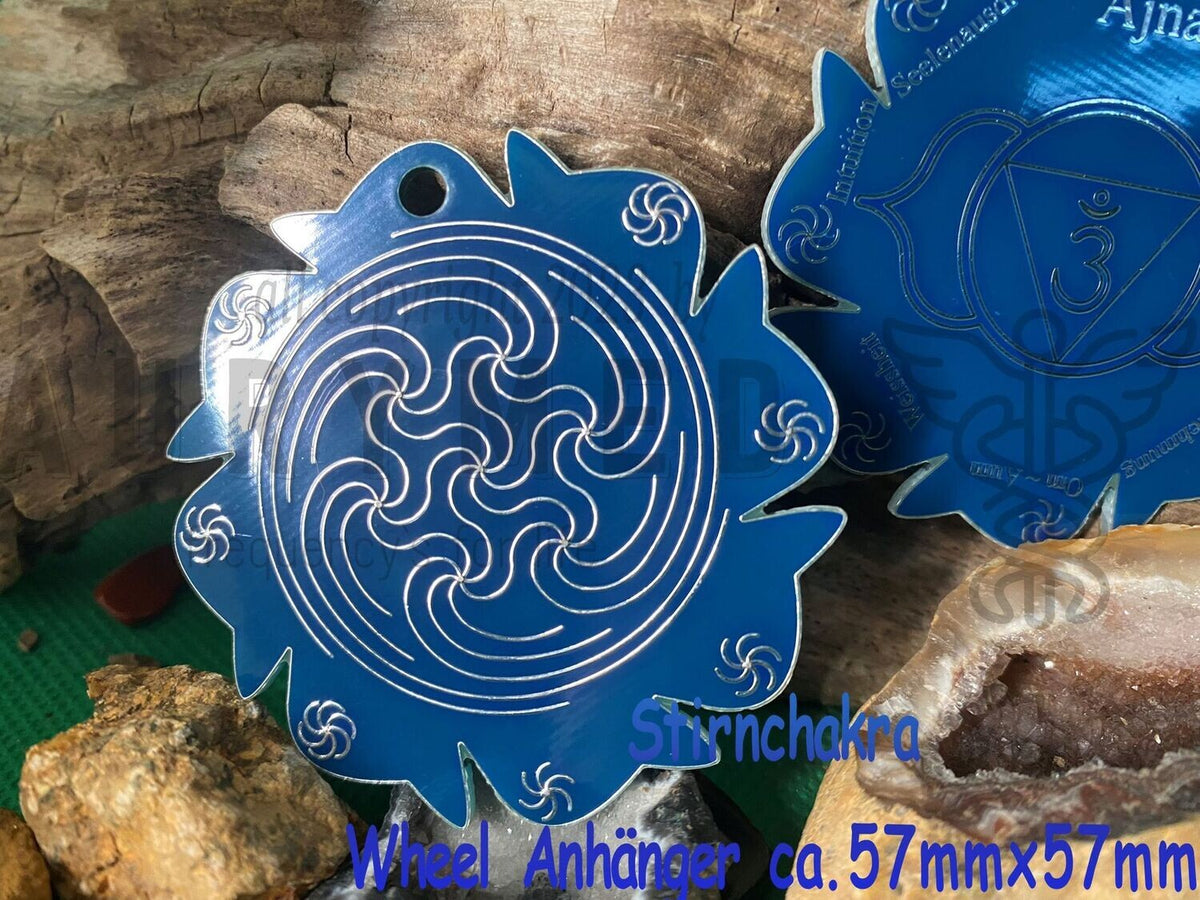 Chakren Anhänger Wheel Stirnchakra, 3.Auge, ca.57x57 mm, zinnlegiert, doppelseitig, kupferunterlegt – Produktansicht 1