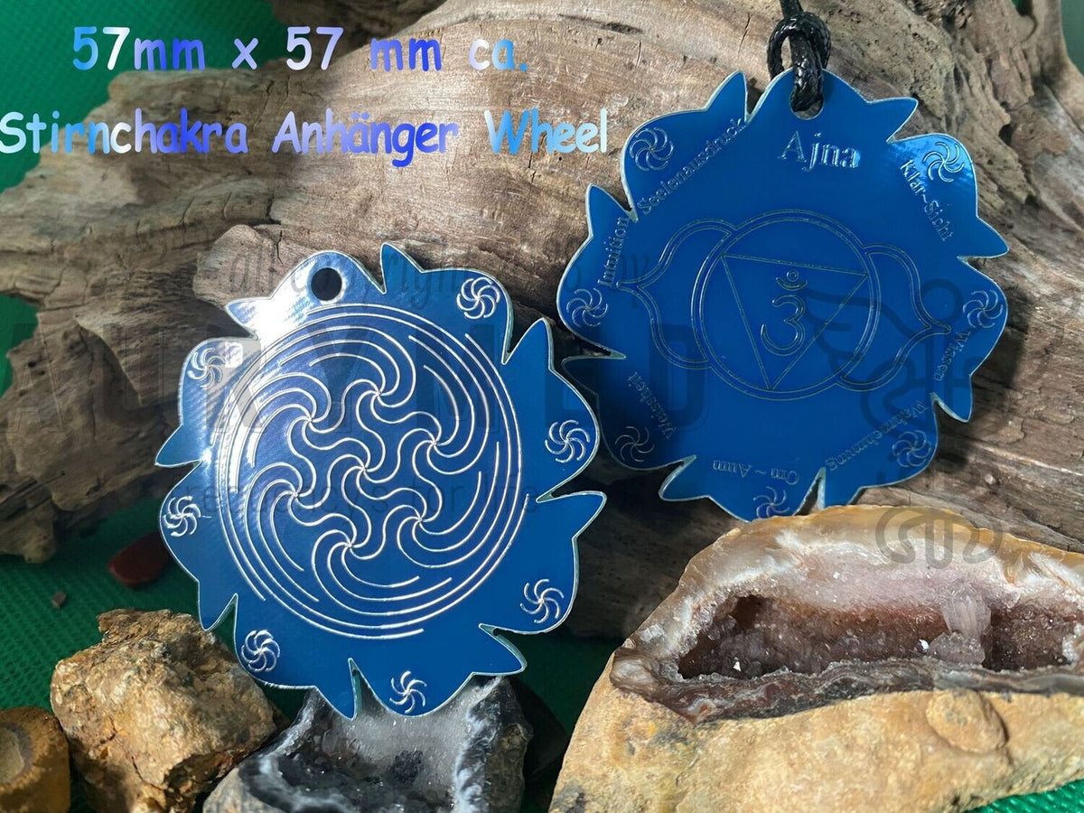 Chakren Anhänger Wheel Stirnchakra, 3.Auge, ca.57x57 mm, zinnlegiert, doppelseitig, kupferunterlegt – Produktansicht 1