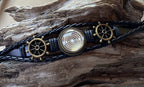 Armband-mehrsträngig, Schiffslenkrad, schwarz, Symbol Lakhovsky MWO Schwingkreis Oszialltor Antenne (stromlos), weiße Disc gold legiert + Kupfer unterlegt ca. 18 mm hinter Glas,Druckknopf Verschluss