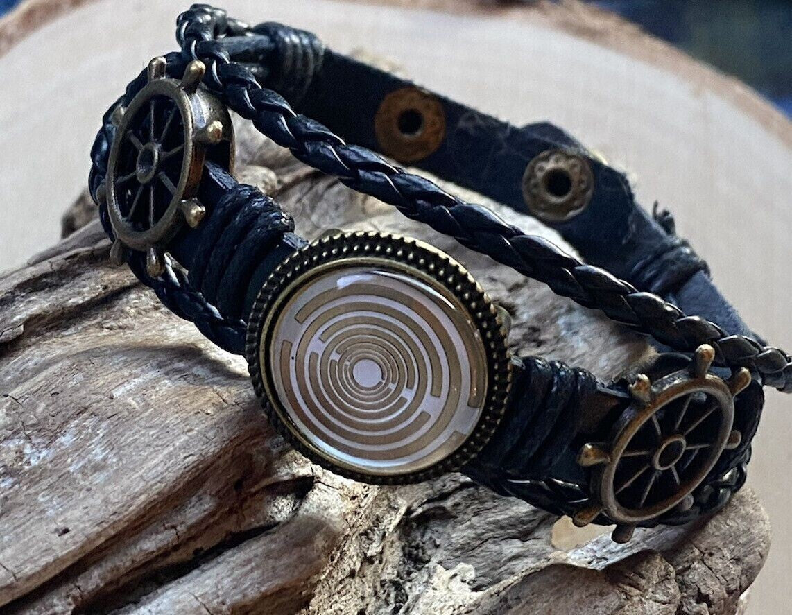 Armband-mehrsträngig, Schiffslenkrad, schwarz, Symbol Lakhovsky MWO Schwingkreis Oszialltor Antenne (stromlos), weiße Disc gold legiert + Kupfer unterlegt ca. 18 mm hinter Glas,Druckknopf Verschluss