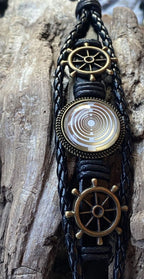 Armband-mehrsträngig, Schiffslenkrad, schwarz, Symbol Lakhovsky MWO Schwingkreis Oszialltor Antenne (stromlos), weiße Disc gold legiert + Kupfer unterlegt ca. 18 mm hinter Glas,Druckknopf Verschluss