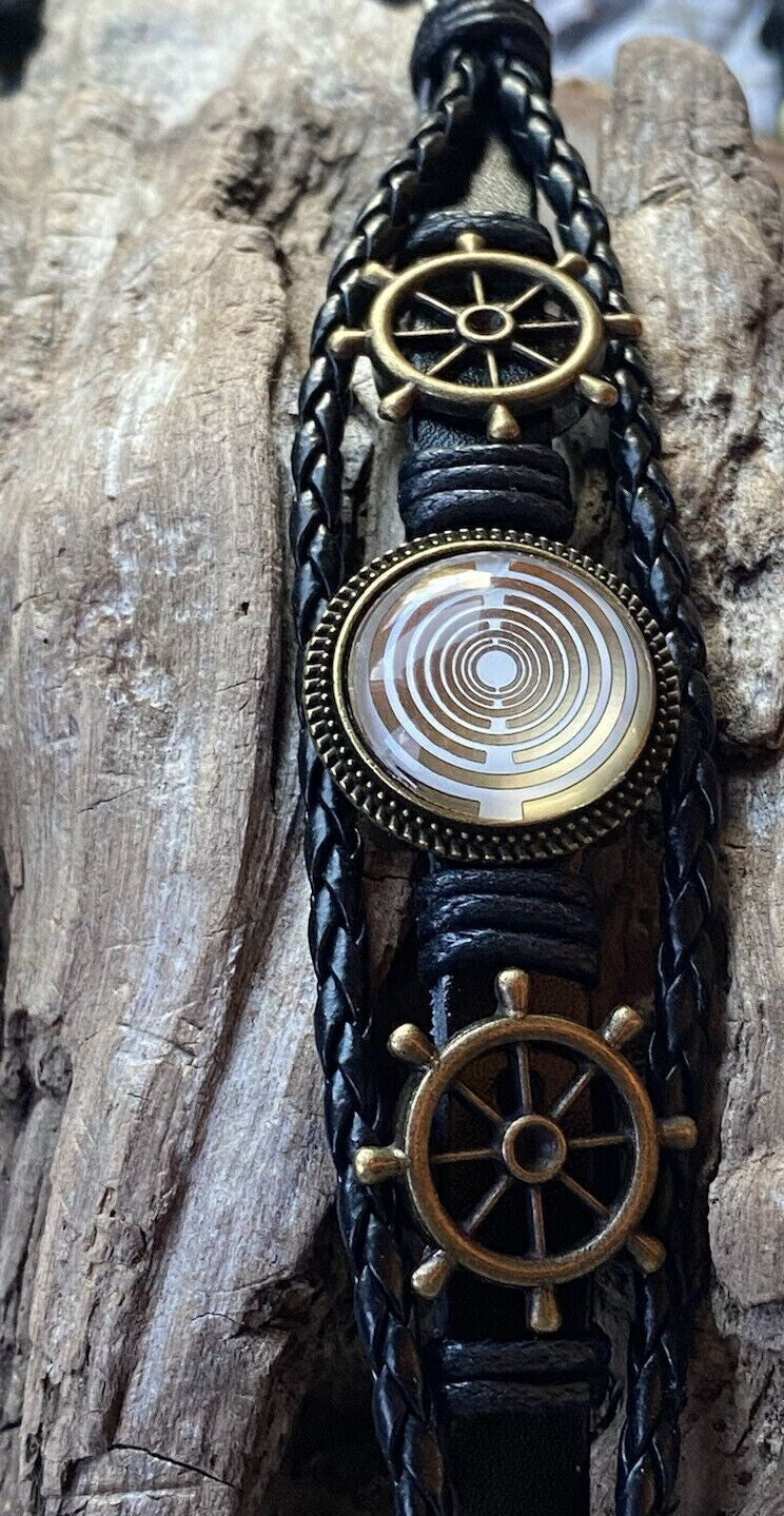 Armband-mehrsträngig, Schiffslenkrad, schwarz, Symbol Lakhovsky MWO Schwingkreis Oszialltor Antenne (stromlos), weiße Disc gold legiert + Kupfer unterlegt ca. 18 mm hinter Glas,Druckknopf Verschluss