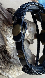Armband-mehrsträngig, Schiffslenkrad, schwarz, Symbol Lakhovsky MWO Schwingkreis Oszialltor Antenne (stromlos), weiße Disc gold legiert + Kupfer unterlegt ca. 18 mm hinter Glas,Druckknopf Verschluss