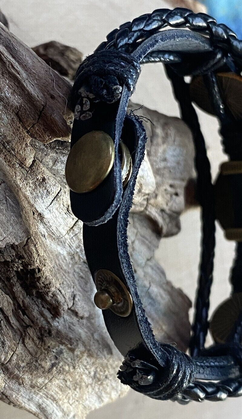 Armband-mehrsträngig, Schiffslenkrad, schwarz, Symbol Lakhovsky MWO Schwingkreis Oszialltor Antenne (stromlos), weiße Disc gold legiert + Kupfer unterlegt ca. 18 mm hinter Glas,Druckknopf Verschluss