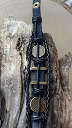 Armband-mehrsträngig, Schiffslenkrad, schwarz, Symbol Lakhovsky MWO Schwingkreis Oszialltor Antenne (stromlos), weiße Disc gold legiert + Kupfer unterlegt ca. 18 mm hinter Glas,Druckknopf Verschluss