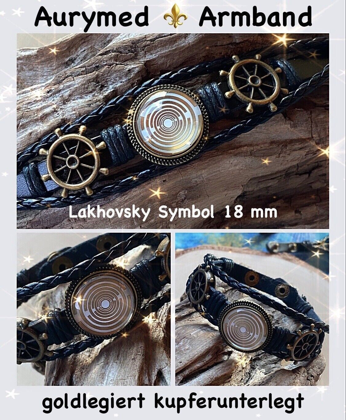 Armband-mehrsträngig, Schiffslenkrad, schwarz, Symbol Lakhovsky MWO Schwingkreis Oszialltor Antenne (stromlos), weiße Disc gold legiert + Kupfer unterlegt ca. 18 mm hinter Glas,Druckknopf Verschluss