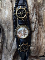 Armband-mehrsträngig, Schiffslenkrad, schwarz, Symbol Lakhovsky MWO Schwingkreis Oszialltor Antenne (stromlos), weiße Disc gold legiert + Kupfer unterlegt ca. 18 mm hinter Glas,Druckknopf Verschluss