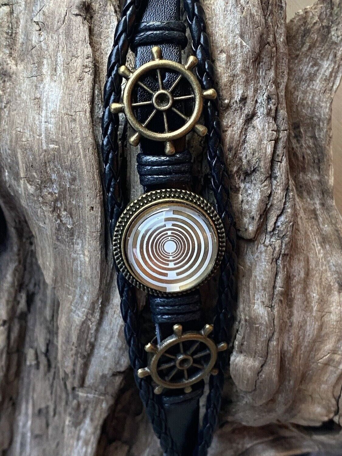 Armband-mehrsträngig, Schiffslenkrad, schwarz, Symbol Lakhovsky MWO Schwingkreis Oszialltor Antenne (stromlos), weiße Disc gold legiert + Kupfer unterlegt ca. 18 mm hinter Glas,Druckknopf Verschluss