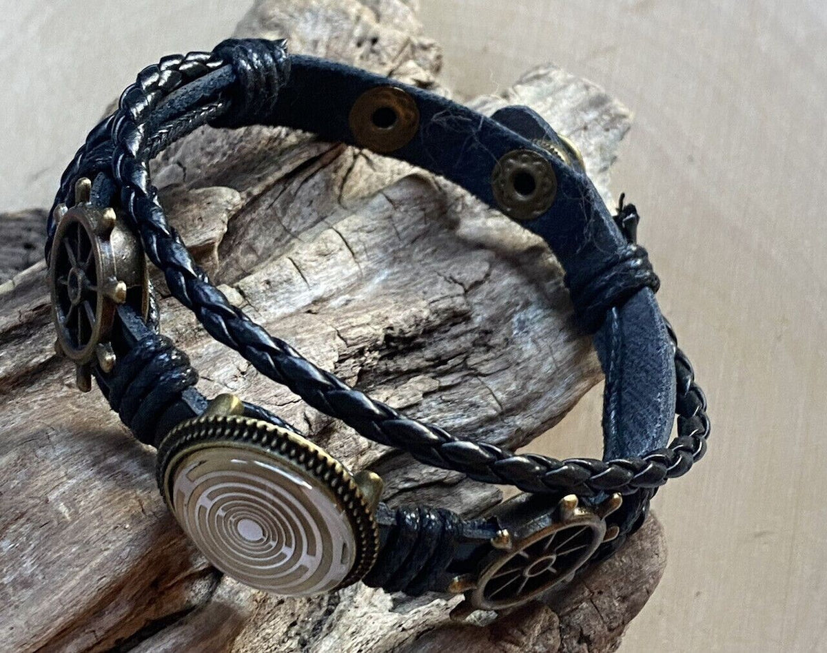 Armband-mehrsträngig, Schiffslenkrad, schwarz, Symbol Lakhovsky MWO Schwingkreis Oszialltor Antenne (stromlos), weiße Disc gold legiert + Kupfer unterlegt ca. 18 mm hinter Glas,Druckknopf Verschluss