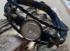 Armband-mehrsträngig, Seestern, schwarz, Symbol Lakhovsky MWO Schwingkreis Oszillator Antenne (stromlos), weiße Disc gold legiert + Kupfer unterlegt ca. 18 mm hinter Glas, Druckknopf Verschluss