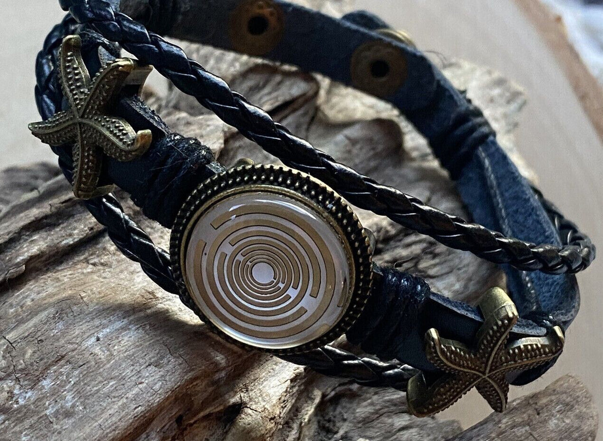 Armband-mehrsträngig, Seestern, schwarz, Symbol Lakhovsky MWO Schwingkreis Oszillator Antenne (stromlos), weiße Disc gold legiert + Kupfer unterlegt ca. 18 mm hinter Glas, Druckknopf Verschluss