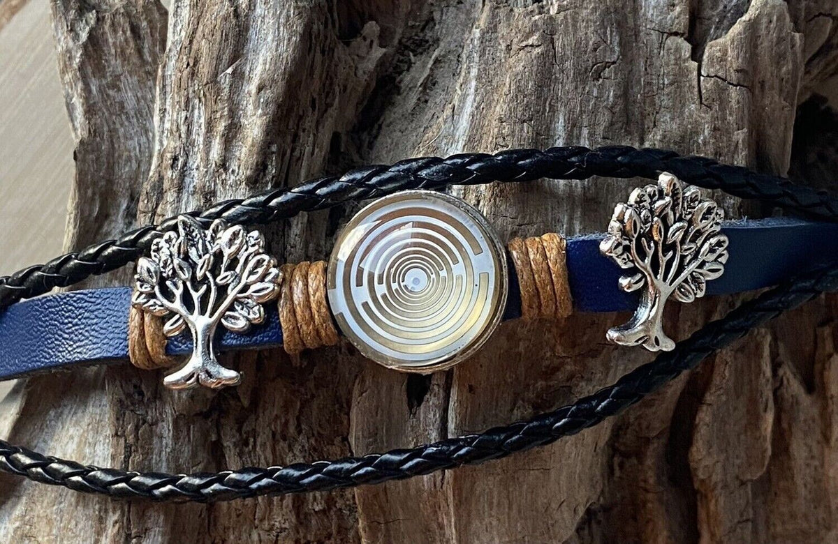 Armband-mehrsträngig, Baum des Lebens, blau, Symbol Lakhovsky MWO Schwingkreis Oszillator Antenne (stromlos), weiße Disc gold legiert + Kupfer unterlegt ca. 18 mm hinter Glas, Einhak Verschluss