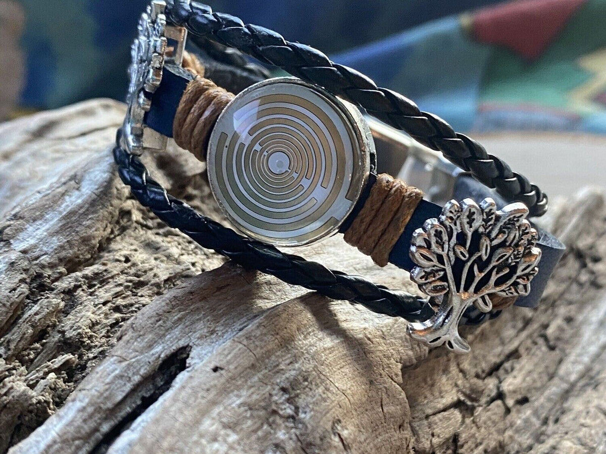 Armband-mehrsträngig, Baum des Lebens, blau, Symbol Lakhovsky MWO Schwingkreis Oszillator Antenne (stromlos), weiße Disc gold legiert + Kupfer unterlegt ca. 18 mm hinter Glas, Einhak Verschluss