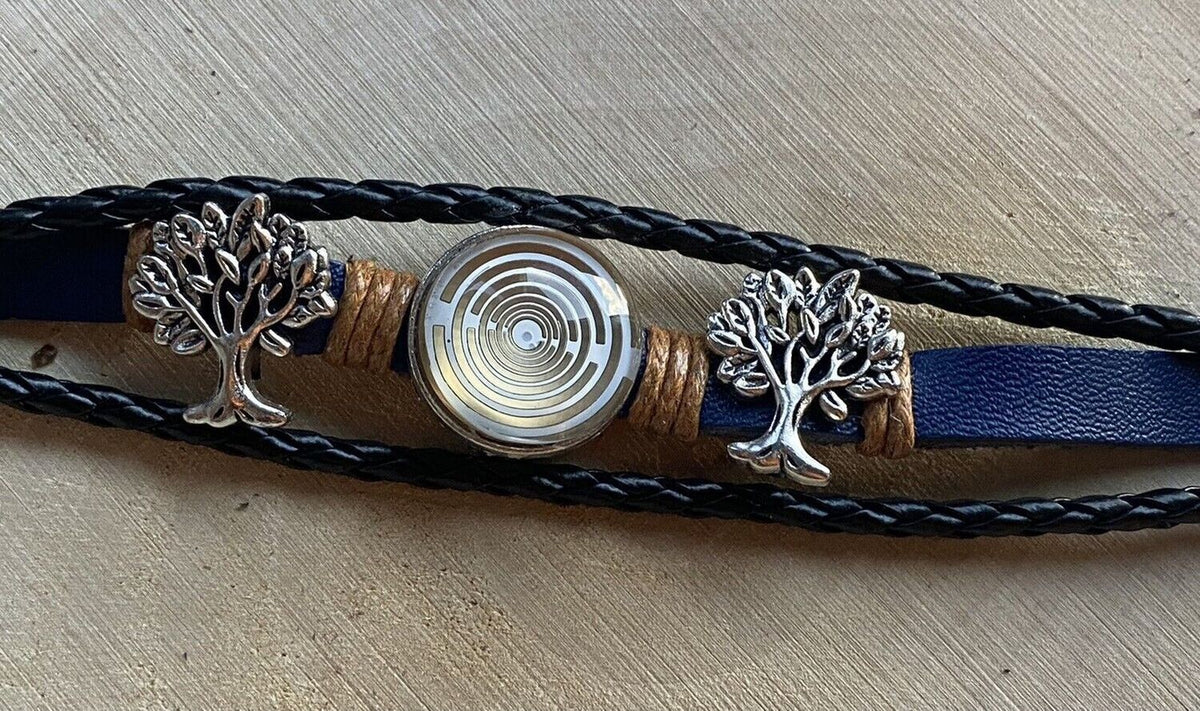 Armband-mehrsträngig, Baum des Lebens, blau, Symbol Lakhovsky MWO Schwingkreis Oszillator Antenne (stromlos), weiße Disc gold legiert + Kupfer unterlegt ca. 18 mm hinter Glas, Einhak Verschluss