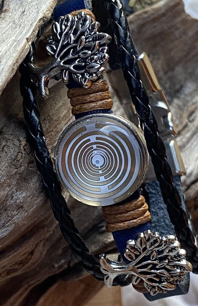Armband-mehrsträngig, Baum des Lebens, blau, Symbol Lakhovsky MWO Schwingkreis Oszillator Antenne (stromlos), weiße Disc gold legiert + Kupfer unterlegt ca. 18 mm hinter Glas, Einhak Verschluss
