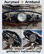 Armband-mehrsträngig, Seestern, schwarz, Symbol Lakhovsky MWO Schwingkreis Oszillator Antenne (stromlos), weiße Disc gold legiert + Kupfer unterlegt ca. 18 mm hinter Glas, Druckknopf Verschluss