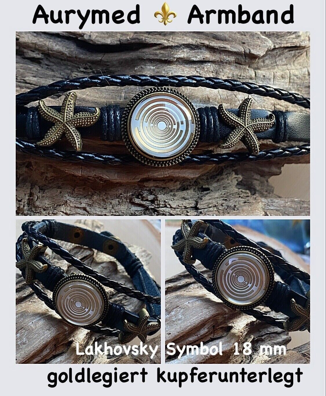 Armband-mehrsträngig, Seestern, schwarz, Symbol Lakhovsky MWO Schwingkreis Oszillator Antenne (stromlos), weiße Disc gold legiert + Kupfer unterlegt ca. 18 mm hinter Glas, Druckknopf Verschluss