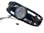 Armband-mehrsträngig, Seestern, schwarz, Symbol Lakhovsky MWO Schwingkreis Oszillator Antenne (stromlos), weiße Disc gold legiert + Kupfer unterlegt ca. 18 mm hinter Glas, Druckknopf Verschluss