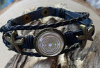 Armband-mehrsträngig, Seestern, schwarz, Symbol Lakhovsky MWO Schwingkreis Oszillator Antenne (stromlos), weiße Disc gold legiert + Kupfer unterlegt ca. 18 mm hinter Glas, Druckknopf Verschluss