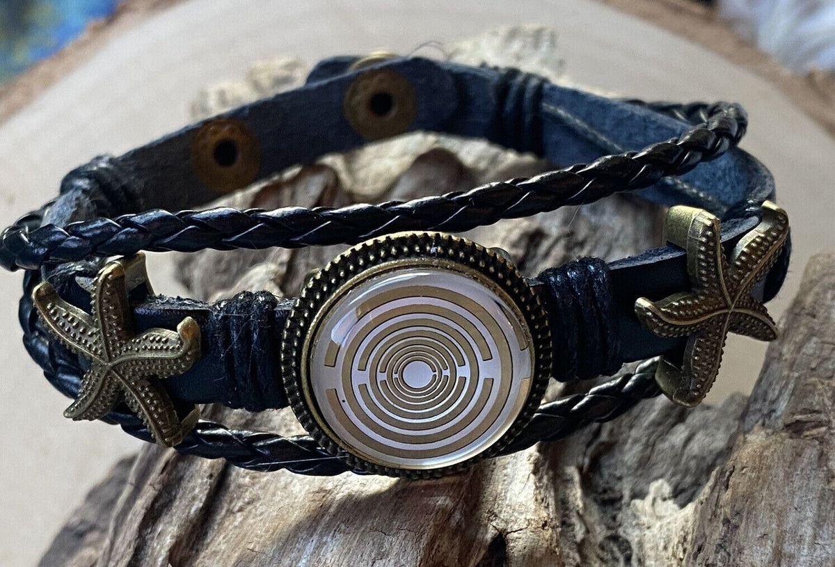 Armband-mehrsträngig, Seestern, schwarz, Symbol Lakhovsky MWO Schwingkreis Oszillator Antenne (stromlos), weiße Disc gold legiert + Kupfer unterlegt ca. 18 mm hinter Glas, Druckknopf Verschluss