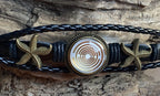 Armband-mehrsträngig, Seestern, schwarz, Symbol Lakhovsky MWO Schwingkreis Oszillator Antenne (stromlos), weiße Disc gold legiert + Kupfer unterlegt ca. 18 mm hinter Glas, Druckknopf Verschluss