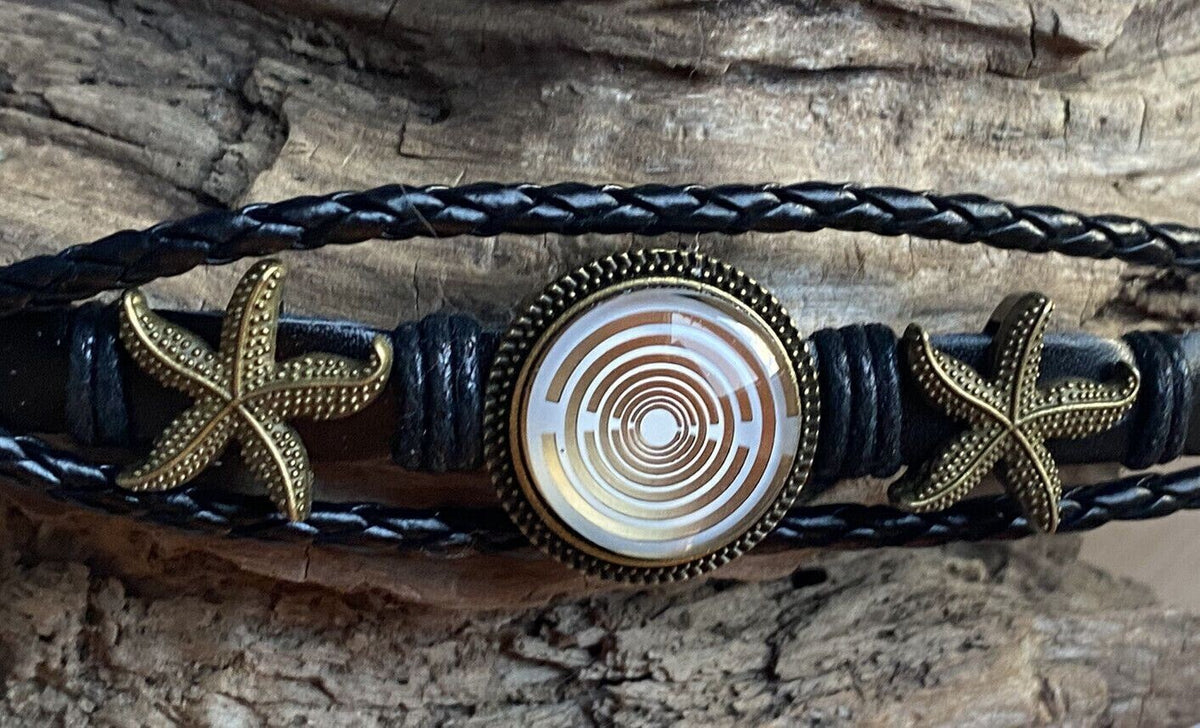 Armband-mehrsträngig, Seestern, schwarz, Symbol Lakhovsky MWO Schwingkreis Oszillator Antenne (stromlos), weiße Disc gold legiert + Kupfer unterlegt ca. 18 mm hinter Glas, Druckknopf Verschluss