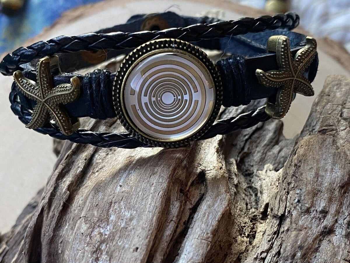 Armband-mehrsträngig, Seestern, schwarz, Symbol Lakhovsky MWO Schwingkreis Oszillator Antenne (stromlos), weiße Disc gold legiert + Kupfer unterlegt ca. 18 mm hinter Glas, Druckknopf Verschluss