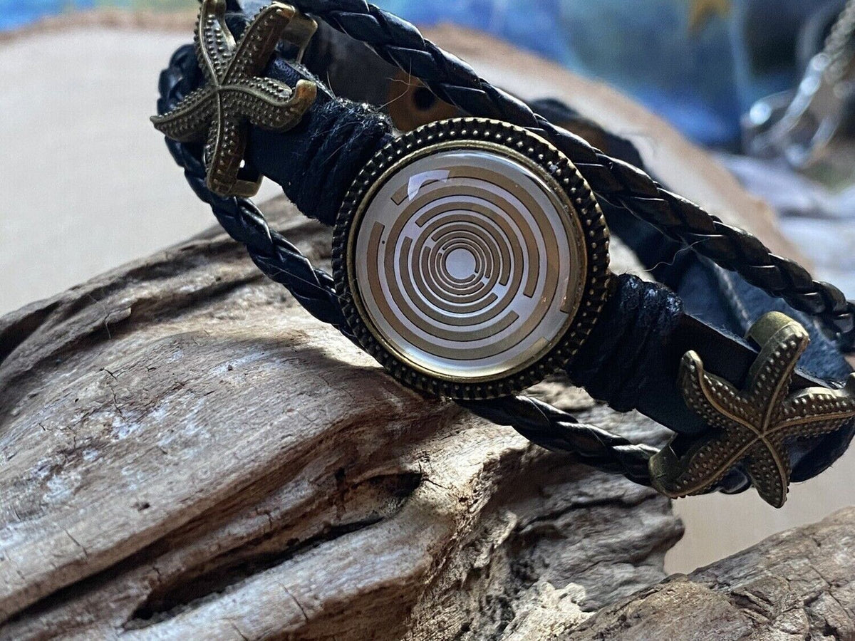 Armband-mehrsträngig, Seestern, schwarz, Symbol Lakhovsky MWO Schwingkreis Oszillator Antenne (stromlos), weiße Disc gold legiert + Kupfer unterlegt ca. 18 mm hinter Glas, Druckknopf Verschluss