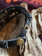 Armband-mehrsträngig, Seestern, schwarz, Symbol Lakhovsky MWO Schwingkreis Oszillator Antenne (stromlos), schwarze Disc gold legiert + Kupfer unterlegt ca. 18 mm hinter Glas, Druckknopf Verschluss