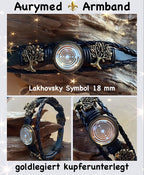 Armband-mehrsträngig, Baum des Lebens, schwarz, Symbol Lakhovsky MWO Schwingkreis Oszillator Antenne (stromlos), weiße Disc gold legiert + Kupfer unterlegt ca. 18 mm hinter Glas