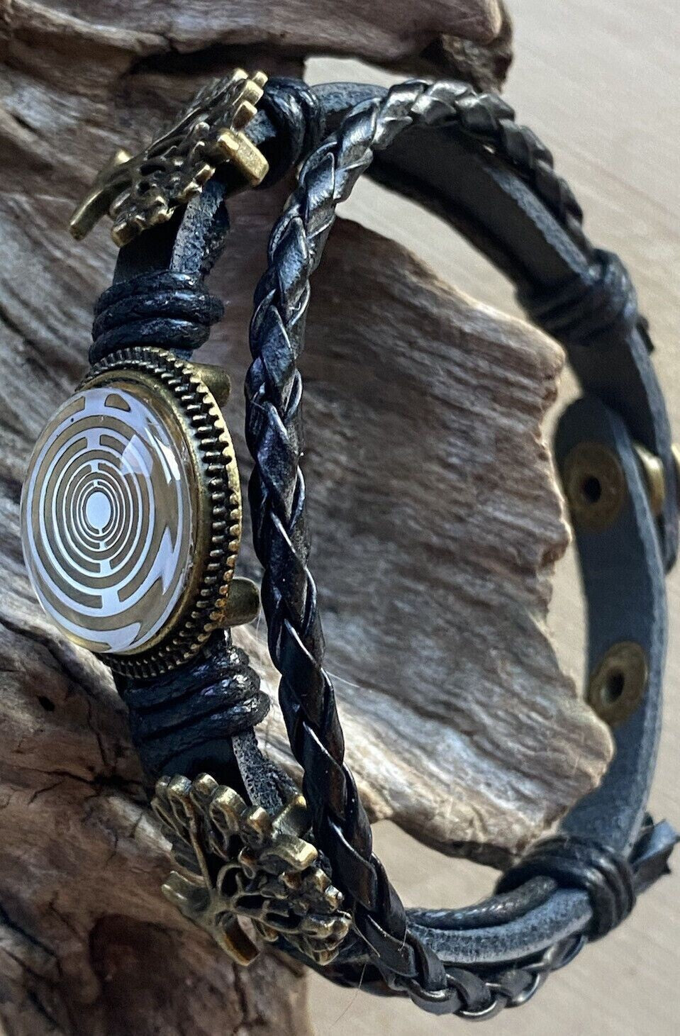 Armband-mehrsträngig, Baum des Lebens, schwarz, Symbol Lakhovsky MWO Schwingkreis Oszillator Antenne (stromlos), weiße Disc g