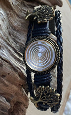 Armband-mehrsträngig, Baum des Lebens, schwarz, Symbol Lakhovsky MWO Schwingkreis Oszillator Antenne (stromlos), weiße Disc gold legiert + Kupfer unterlegt ca. 18 mm hinter Glas