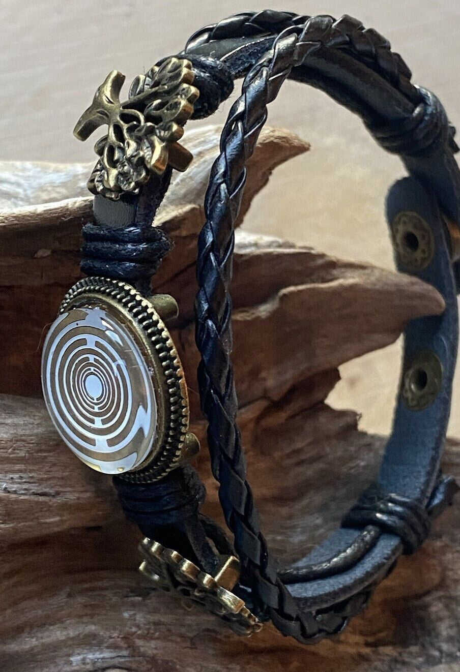 Armband-mehrsträngig, Baum des Lebens, schwarz, Symbol Lakhovsky MWO Schwingkreis Oszillator Antenne (stromlos), weiße Disc gold legiert + Kupfer unterlegt ca. 18 mm hinter Glas