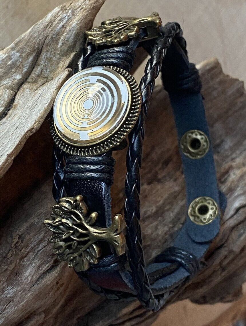 Armband-mehrsträngig, Baum des Lebens, schwarz, Symbol Lakhovsky MWO Schwingkreis Oszillator Antenne (stromlos), weiße Disc gold legiert + Kupfer unterlegt ca. 18 mm hinter Glas