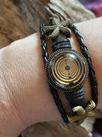 Armband-mehrsträngig, Seestern, schwarz, Symbol Lakhovsky MWO Schwingkreis Oszillator Antenne (stromlos), schwarze Disc gold legiert + Kupfer unterlegt ca. 18 mm hinter Glas, Druckknopf Verschluss