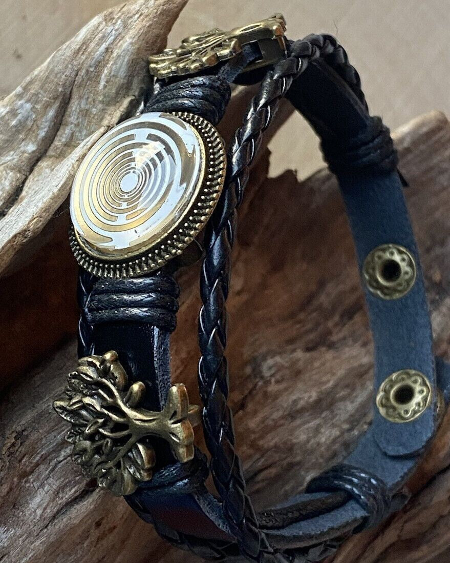 Armband-mehrsträngig, Baum des Lebens, schwarz, Symbol Lakhovsky MWO Schwingkreis Oszillator Antenne (stromlos), weiße Disc g