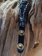Armband-mehrsträngig, Seestern, schwarz, Symbol Lakhovsky MWO Schwingkreis Oszillator Antenne (stromlos), schwarze Disc gold legiert + Kupfer unterlegt ca. 18 mm hinter Glas, Druckknopf Verschluss