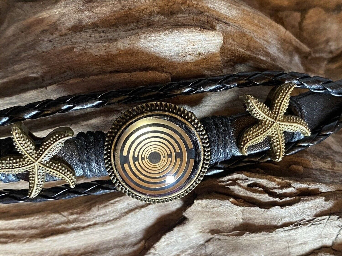 Armband-mehrsträngig, Seestern, schwarz, Symbol Lakhovsky MWO Schwingkreis Oszillator Antenne (stromlos), schwarze Disc gold legiert + Kupfer unterlegt ca. 18 mm hinter Glas, Druckknopf Verschluss