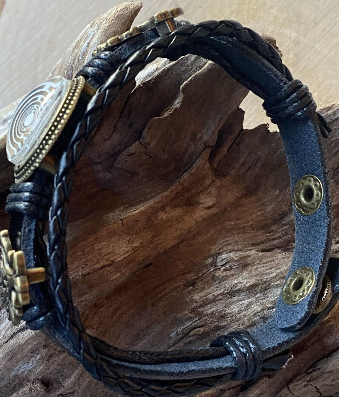 Armband-mehrsträngig, Baum des Lebens, schwarz, Symbol Lakhovsky MWO Schwingkreis Oszillator Antenne (stromlos), weiße Disc g