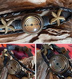 Armband-mehrsträngig, Seestern, schwarz, Symbol Lakhovsky MWO Schwingkreis Oszillator Antenne (stromlos), schwarze Disc gold legiert + Kupfer unterlegt ca. 18 mm hinter Glas, Druckknopf Verschluss