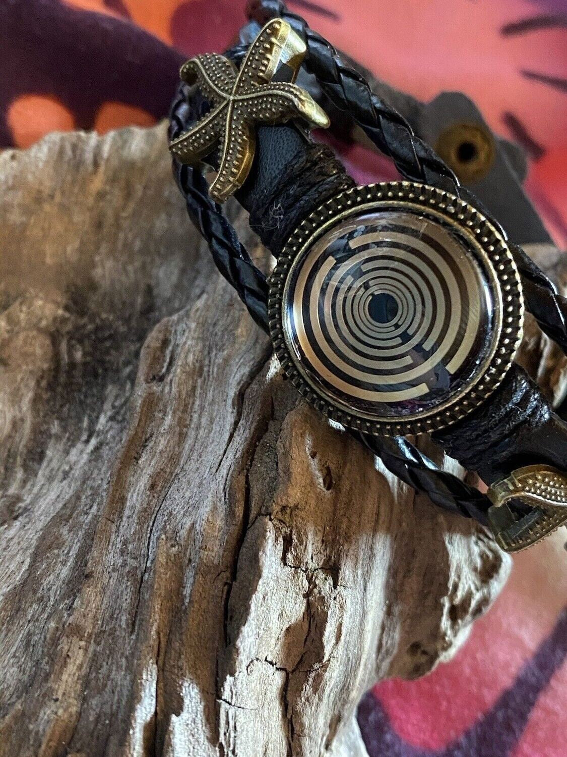 Armband-mehrsträngig, Seestern, schwarz, Symbol Lakhovsky MWO Schwingkreis Oszillator Antenne (stromlos), schwarze Disc gold legiert + Kupfer unterlegt ca. 18 mm hinter Glas, Druckknopf Verschluss