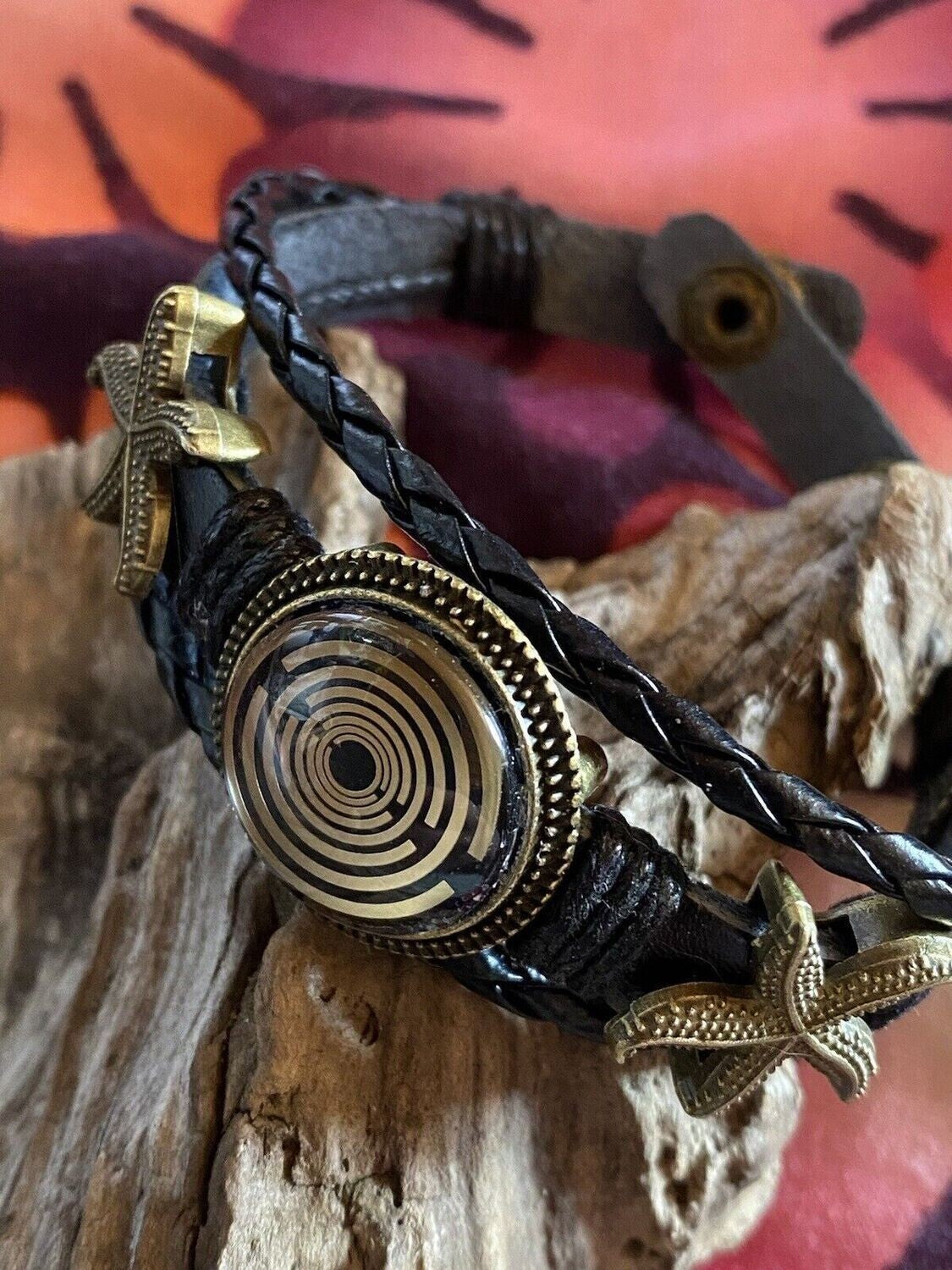 Armband-mehrsträngig, Seestern, schwarz, Symbol Lakhovsky MWO Schwingkreis Oszillator Antenne (stromlos), schwarze Disc gold legiert + Kupfer unterlegt ca. 18 mm hinter Glas, Druckknopf Verschluss