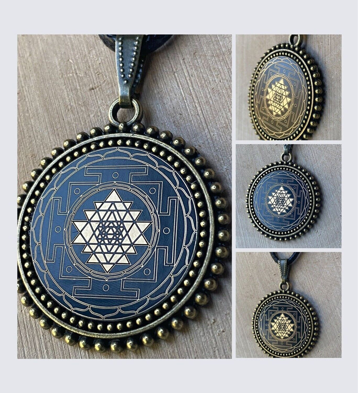 Amulett – Sri Yantra als nachtschwarzer 25 mm – Sri Yantra – 25 mm / goldlegiert / Fassung bronzefarben – Produktansicht 1
