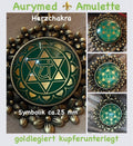 Amulett – Chakremy bronzefarben, Herzchakra, Disc in grün hinter Glas 25 mm, goldlegiert, kupferunterlegt – Produktansicht 1
