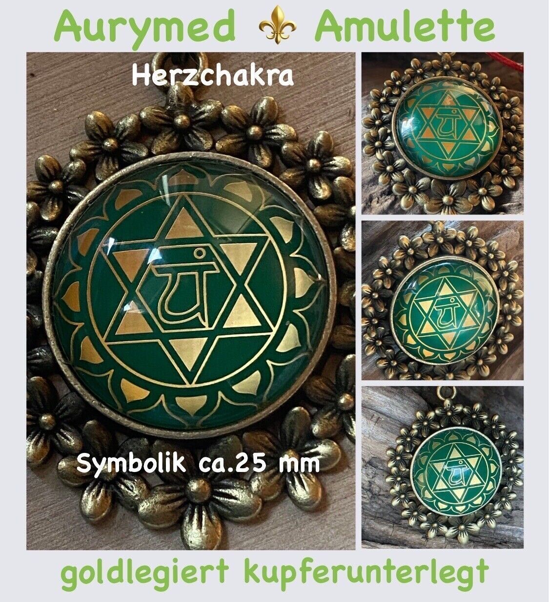 Amulett – Chakremy bronzefarben, Herzchakra, Disc in grün hinter Glas 25 mm, goldlegiert, kupferunterlegt – Produktansicht 1