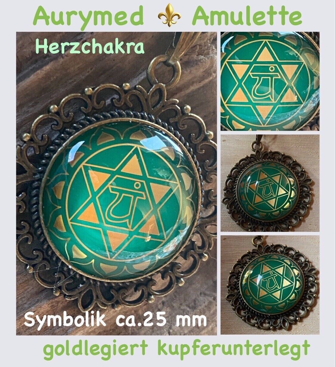 Amulett Chakremy – bronzefarben, Herzchakra, Disc hinter Glas in grün 25 mm, goldlegiert, kupferunterlegt – Produktansicht 1