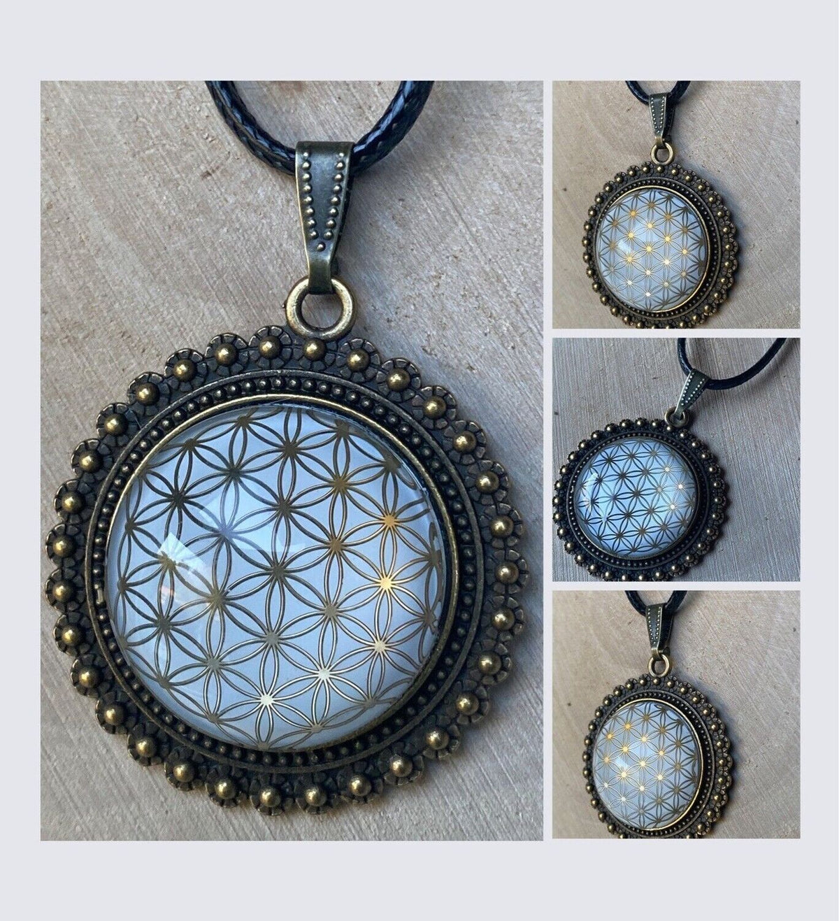 Amulett – bronzefarben, Blume des Lebens, Disc in weiss (hinter Glas)25 mm, goldlegiert, kupferunterlegt – Produktansicht 1