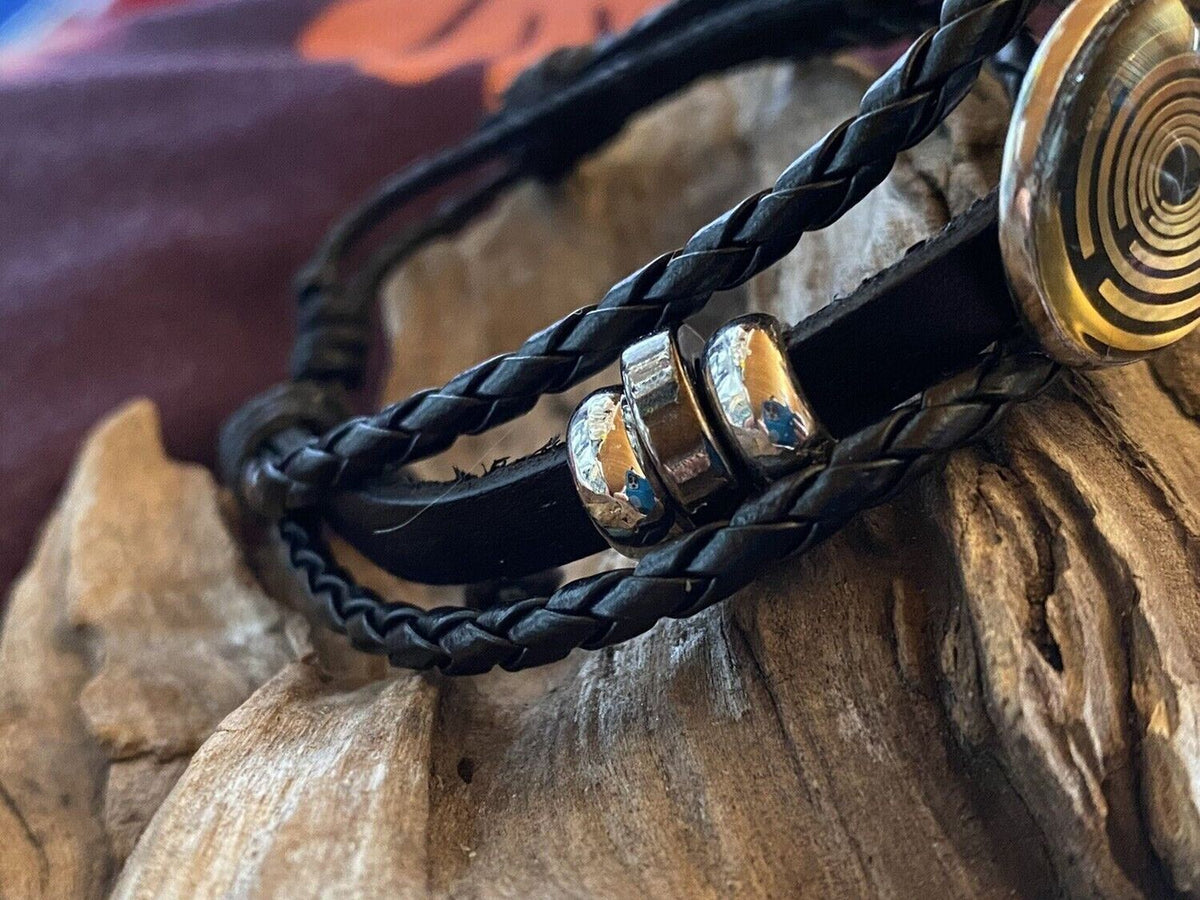 Armband-mehrsträngig, schwarz, Symbol Lakhovsky MWO Schwingkreis Oszillator Antenne (stromlos), schwarze Disc gold legiert + Kupfer unterlegt ca. 18 mm hinter Glas, durch Ziehen stufenlos verstellbar