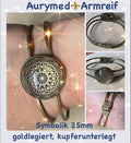 Armband - Dodecagram der heiligen Geometrie als nachtschwarzer ca. 25 mm großer Coin (ginter Glas) mit Goldlegierung in ein bronzefarbendes Schapparmband eingearbeitet, Kupfer unterlegt